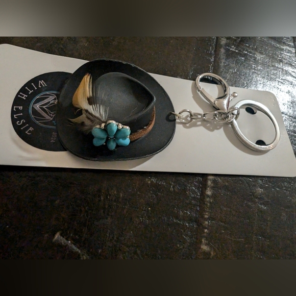 Black Mini Keychain Western Cowboy Hat Black and Turquoise Feather Key Holder - Picture 4 of 9